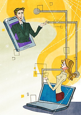 PSD 라이프스타일 여자 남자 인터넷 일러스트 통신 커뮤니케이션 정보통신 정보기술 대화 웃음 사람 상반신 성인 두명 라이프 노트북 스마트폰 핸드폰 스마트기기 정보 네트워크 발전 연결 스마트 IT라이프 편리함 소통 국내일러스트 컨셉 기술 표정 말하기 생활 전자제품 파일형식