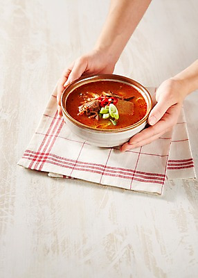 포토 JPG 스튜디오촬영 그릇 식기 손 한식 음식 실내 요리 한명 들기 신체부위 전통음식 양손 천 국 보양식 육개장 국내포토 1 전통 모션 사람 내부 직물 몸보신 파일형식