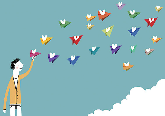 PSD 구름 남자 백그라운드 일러스트 상상 하늘 상상일러스트 한명 서기 들기 사람 상반신 성인 판타지 장난감 꿈 하트 종이비행기 즐거움 국내일러스트 자연요소 모양 1 감정 모션 종이접기 파일형식