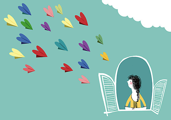 PSD 구름 여자 백그라운드 일러스트 창문 상상 하늘 상상일러스트 한명 사람 상반신 성인 판타지 꿈 하트 종이비행기 즐거움 국내일러스트 자연요소 모양 1 감정 종이접기 파일형식