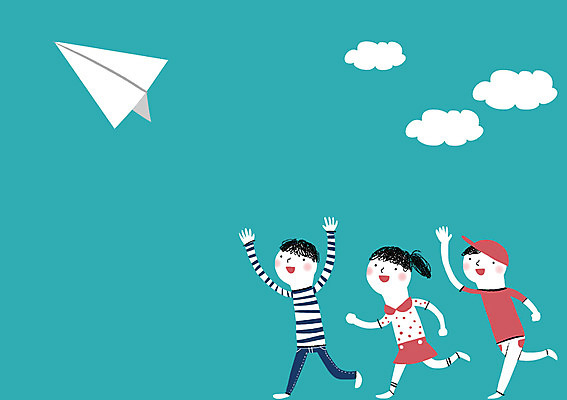 전신 PSD 구름 여자 남자 어린이 백그라운드 일러스트 상상 하늘 상상일러스트 서기 사람 소녀 소년 세명 판타지 꿈 종이비행기 즐거움 어린이만 국내일러스트 자연요소 감정 모션 종이접기 파일형식
