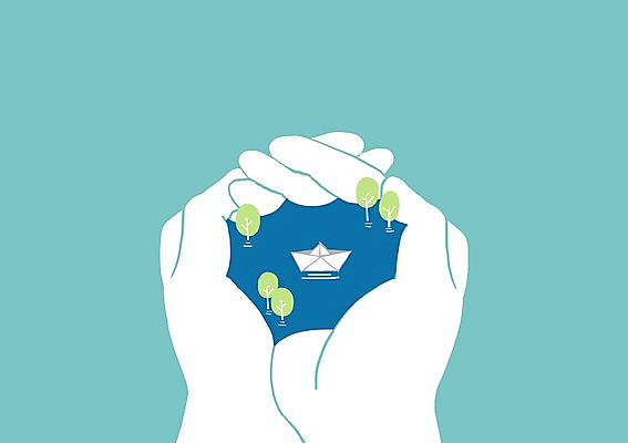 PSD 나무 식물 손 호수 백그라운드 일러스트 상상 상상일러스트 한명 사람 신체부위 물 판타지 꿈 양손 즐거움 종이배 선박 국내일러스트 자연요소 1 감정 수상교통 종이접기 파일형식