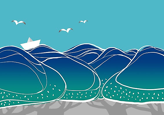 PSD 나무 식물 동물 물결 파도 바다 백그라운드 일러스트 상상 갈매기 조류 상상일러스트 사람없음 판타지 꿈 즐거움 종이배 선박 국내일러스트 감정 수상교통 종이접기 파일형식