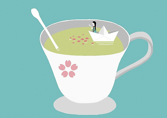 PSD 여자 음료 백그라운드 일러스트 상상 상상일러스트 한명 사람 상반신 성인 컵 판타지 숟가락 꿈 차 커피잔 찻잔 즐거움 종이배 국내일러스트 1 식기 감정 커피 잔 수저 종이접기 파일형식