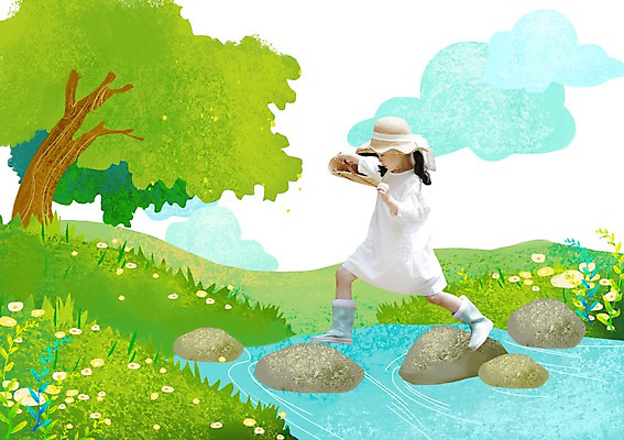 전신 PSD 나무 식물 구름 편집 편집이미지 모자 라이프스타일 여자 꽃 어린이라이프 어린이 백그라운드 가방 포토일러 합성일러스트 장화 한명 서기 들기 사람 동양인 잔디 옆모습 한국인 돌_바위 바위 개울 디지털합성 편집일러스트 돌다리 징검다리 가교 여자만 여자한명만 어린이만 소녀만 소녀한명만 이미지편집 자연요소 1 건축물 잡화 뷰포인트 신발 모션 인종 생활 강 다리_건축물 파일형식