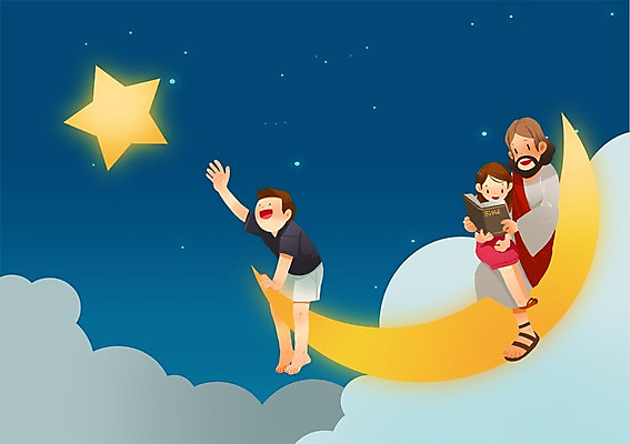 전신 PSD 구름 여자 남자 행복 별 기독교 종교 여유 어린이 백그라운드 일러스트 밤하늘 하늘 웃음 들기 사람 앉기 소녀 소년 성인 세명 여름 독서 손들기 성경 달 예수 초승달 읽기 즐거움 성경학교 여름성경학교 국내일러스트 자연요소 계절 감정 종교용품 학교 모션 표정 신_종교 야간 파일형식 여름_계절