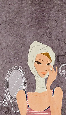 PSD 우먼라이프 라이프스타일 여자 얼굴 일러스트 새로움 한명 사람 상반신 성인 라이프 신체부위 뷰티 거울 변화 성형수술 붕대 안면윤곽술 여자만 여자한명만 성인여자만 성인만 국내일러스트 1 컨셉 생활 수술 파일형식