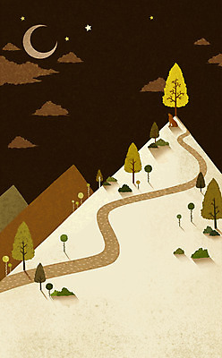 PSD 나무 식물 동물 구름 별 길 컬러 백그라운드 일러스트 자연 밤하늘 산 풍경 사람없음 반짝임 갈색 달 야간 초승달 늑대 국내일러스트 자연요소 포유류 모션 하늘 생태계 파일형식