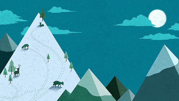 PSD 나무 식물 동물 구름 계절 컬러 백그라운드 겨울 일러스트 자연 밤하늘 사슴 산 풍경 사람없음 보름달 달 눈 날짜 야간 청록색 겨울배경 국내일러스트 자연요소 포유류 하늘 날씨 생태계 파일형식