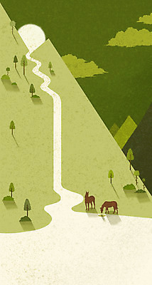 PSD 나무 식물 동물 구름 컬러 백그라운드 일러스트 자연 밤하늘 산 물줄기 풍경 사람없음 초록색 연두색 폭포 보름달 달 말_동물 야간 달빛 국내일러스트 자연요소 포유류 하늘 물 생태계 파일형식