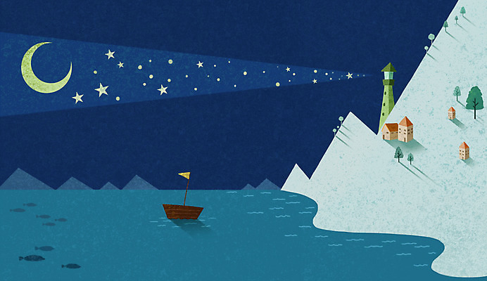 PSD 나무 식물 구름 건축물 별 바다 컬러 백그라운드 일러스트 자연 밤하늘 조명 산 등대 풍경 사람없음 건물 파란색 반짝임 달 깃발 야간 초승달 나룻배 선박 국내일러스트 자연요소 건축 수상교통 배_교통 모션 하늘 생태계 파일형식