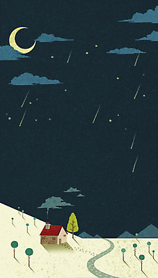 PSD 나무 식물 구름 건축물 길 컬러 백그라운드 일러스트 자연 밤하늘 산 주택 풍경 사람없음 건물 반짝임 어둠 달 야간 초승달 유성 남색 국내일러스트 자연요소 건축 모션 하늘 생태계 파일형식