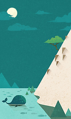 PSD 나무 식물 구름 바다 컬러 백그라운드 일러스트 자연 산 어류 풍경 해변 사람없음 초록색 태양 절벽 고래 국내일러스트 자연요소 포유류 수중동물 생태계 파일형식