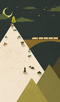 PSD 나무 식물 동물 구름 별 컬러 백그라운드 일러스트 자연 밤하늘 산 풍경 사람없음 초록색 반짝임 기찻길 기차 달 야간 초승달 늑대 베이지색 국내일러스트 자연요소 육상교통 포유류 모션 하늘 대중교통 생태계 파일형식