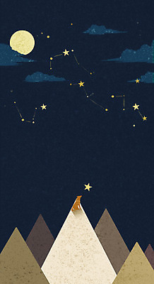 PSD 나무 식물 동물 구름 별 컬러 백그라운드 일러스트 자연 밤하늘 하늘 산 풍경 사람없음 반짝임 별자리 보름달 달 야간 남색 늑대 국내일러스트 자연요소 포유류 모션 생태계 파일형식