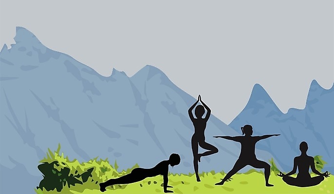 EPS 해외이미지 라이프스타일 웰빙 여자 실루엣 선 포즈 백그라운드 일러스트 요가 자연 휴식 산 건강 파노라마 풍경 야외 운동 환경 화목 연습 언덕 명상 장면 아사나자세 해외202004 해외일러스트 컨셉 촬영기법 사람 생활 요가자세 생태계 파일형식 벡터 이미지허브