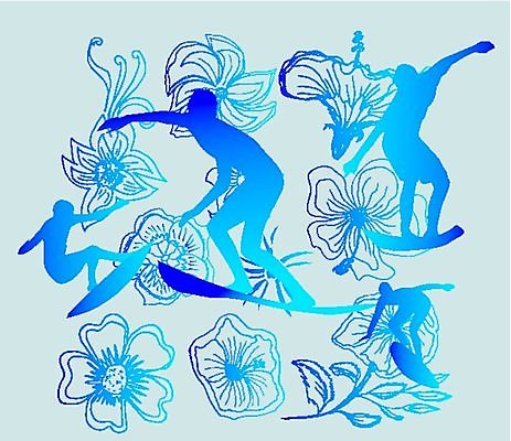 EPS 해외이미지 전신 꽃 실루엣 일러스트 모션 사람 여러명 성인 파란색 서핑보드 서핑 시원함 역동적 그라데이션 서퍼 성인만 해외202004 해외일러스트 식물 컬러 다수 컨셉 운동선수 촬영기법 수상스포츠 보드_스포츠 파일형식 벡터 이미지허브