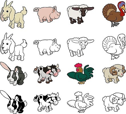 EPS 해외이미지 동물 캐릭터 어린이 일러스트 조류 염소 뿔 동물원 미술 책 세트 농장 검은색 치킨 흰색 토끼 양 돼지 소 만화 사파리 그림 클립 윤곽 칠면조 수탉 골 램 해외202004 해외일러스트 일러캐릭터 컬러 농업 포유류 문화예술 사람 반려동물 닭 수컷 닭고기요리 파일형식 벡터 이미지허브