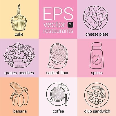 EPS 해외이미지 캐릭터 접시 음식 채소 과일 일러스트 재료 요리 그래픽 세트 픽토그램 요식업 식당 식사 저녁식사 카페 그룹 아침식사 수집 먹기 사인 윤곽 팩 서명 조립 점심식사 얇은 인터페이스 해외202004 해외일러스트 일러캐릭터 식기 산업 모션 상점 화장품 파일형식 벡터 이미지허브