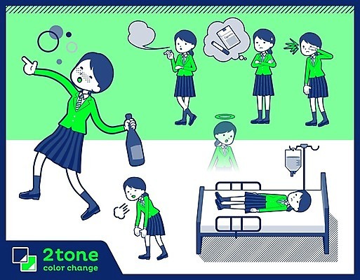 EPS 해외이미지 전신 여학생 여자 교복 일러스트 청소년 술병 흡연 담배 피곤 들기 여러명 초록색 세트 마시기 죽음 유령 만취 담배연기 위반 병원침대 술취함 흡연자 십대여자만 해외202004 해외일러스트 학생 옷 컬러 다수 컨셉 모션 병_용기 주류 사람 침대 연기 여자만 십대만 파일형식 벡터 이미지허브