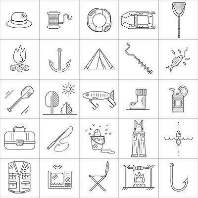 EPS 해외이미지 나무 선 여행 일러스트 불 낚시 부츠 텐트 어류 야외 물 여름 캠핑 그물 어선 고리 벌레 굽기 양동이 사냥 윤곽 낚시꾼 닻 미끼 구명용품 해외202004 해외일러스트 자연요소 식물 계절 곤충 신발 배_교통 레저 캠핑도구 수중동물 안전장비 구이 파일형식 벡터 이미지허브
