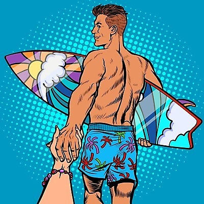 EPS 해외이미지 손 응시 남자 하늘색 일러스트 한명 들기 상반신 성인 신체부위 손잡기 서핑보드 서핑 팝아트 성인남자한명만 해외202004 해외일러스트 1 시선 모션 사람 파란색 수상스포츠 보드_스포츠 그림 남자한명만 성인남자만 파일형식 벡터 이미지허브