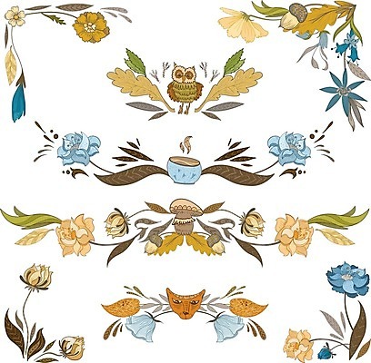 EPS 해외이미지 꽃 잎 두마리 일러스트 사람없음 장식 세트 버섯 빈티지 커피잔 여우 부엉이 해외일러스트 식물 커피 컨셉 2 포유류 조류 잔 파일형식 벡터 이미지허브