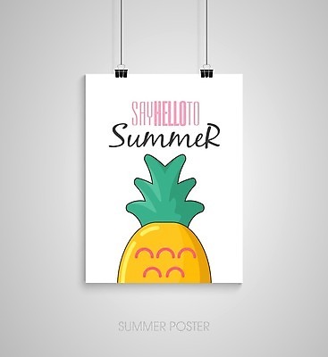 EPS 해외이미지 디자인 포스터 일러스트 매달리기 글자캘리그라피 사람없음 파인애플 서류집게 해외202004 해외일러스트 과일 캘리그라피 모션 집게 열대과일 파일형식 벡터 이미지허브