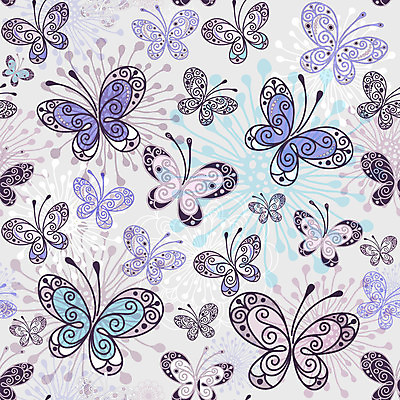 EPS 해외이미지 디자인 꽃 하늘색 나비 백그라운드 여러마리 일러스트 사람없음 화려 해외202004 해외일러스트 식물 다수 곤충 컨셉 파란색 파일형식 벡터 이미지허브