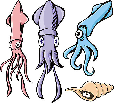 EPS 해외이미지 응시 분홍색 일러스트 만화 오징어 그림 청록색 촉수 라일락 해외202004 해외일러스트 시선 꽃 컬러 연체동물 수중동물 파일형식 벡터 이미지허브