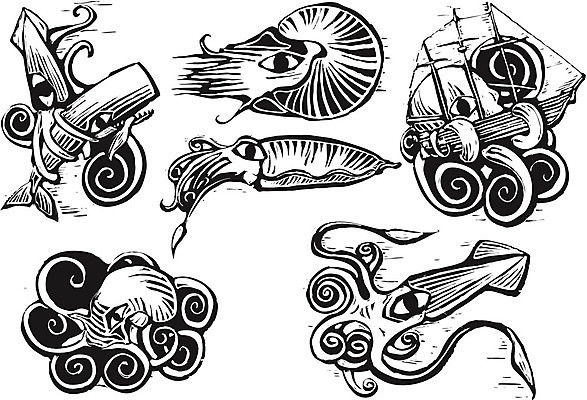 EPS 해외이미지 바다 일러스트 낚시 수영 수확 오징어 복고 부리 문어 촉수 목판화 몬스터 해외202004 해외일러스트 농업 레저 연체동물 수중동물 수상스포츠 파일형식 벡터 이미지허브