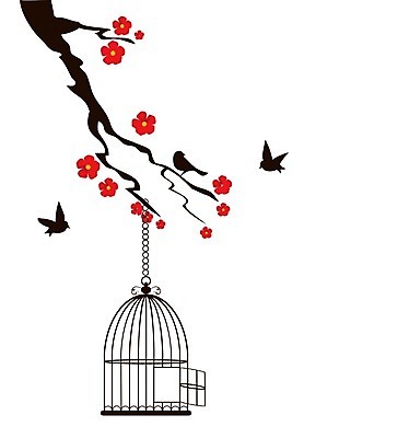 EPS 해외이미지 꽃 실루엣 일러스트 조류 매달리기 사람없음 나뭇가지 새장 해외일러스트 나무 식물 동물 모션 촬영기법 케이지 파일형식 벡터 이미지허브