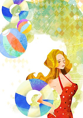 PSD 계절 원피스 여자 수영복 허리손 백그라운드 일러스트 한명 서기 들기 사람 풍경 상반신 성인 여름 쇼핑 비치볼 튜브 국내일러스트 1 옷 포즈 공 모션 바캉스용품 파일형식