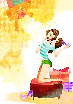 전신 PSD 계절 여자 리본 구두 백그라운드 의자 일러스트 선물 한명 사람 앉기 풍경 성인 여름 선물상자 쇼핑 상자 소파 놀람 하이힐 여성화 무릎꿇기 국내일러스트 1 감정 가구 신발 모션 표정 파일형식