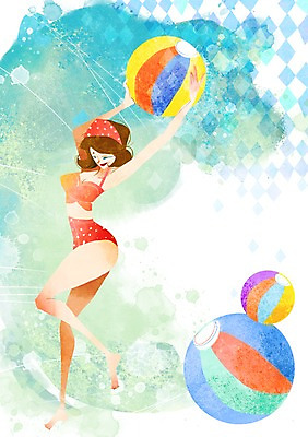 전신 PSD 계절 여자 수영복 백그라운드 일러스트 물놀이 한명 서기 들기 사람 풍경 성인 여름 쇼핑 비키니 비치볼 국내일러스트 1 옷 공 모션 놀이 바캉스용품 파일형식