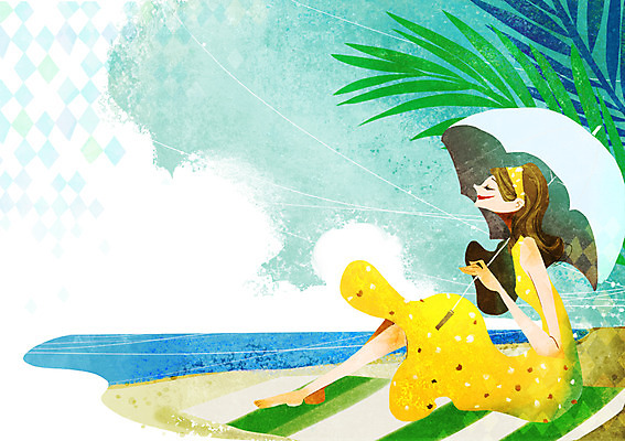 전신 PSD 나무 식물 계절 여자 바다 백그라운드 일러스트 한명 들기 사람 앉기 풍경 성인 해변 여름 쇼핑 모래사장 돗자리 양산 국내일러스트 1 모션 파일형식