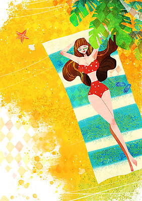 전신 PSD 나무 식물 계절 여자 수영복 백그라운드 신발 일러스트 휴식 불가사리 슬리퍼 한명 사람 풍경 성인 해변 여름 쇼핑 비키니 모래사장 눕기 돗자리 국내일러스트 1 옷 바다 컨셉 모션 극피동물 파일형식