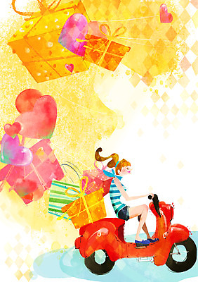 전신 PSD 계절 여자 백그라운드 일러스트 선물 한명 사람 앉기 풍경 성인 여름 선물상자 쇼핑 상자 쇼핑백 스쿠터 오토바이 하트 국내일러스트 모양 1 가방 모션 바이크 파일형식