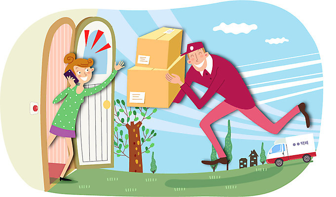 전신 나무 식물 직업 여자 남자 이동 유니폼 일러스트 자동차 서기 웃음 들기 사람 잔디 성인 두명 스마트폰 핸드폰 상자 문 트럭 운송업 택배기사 배달원 서비스업 배송 서비스 택배 만족 통화 주문 성인만 국내일러스트 AI파일 옷 감정 산업 육상교통 컨셉 모션 표정 전자제품 스마트기기 파일형식 벡터