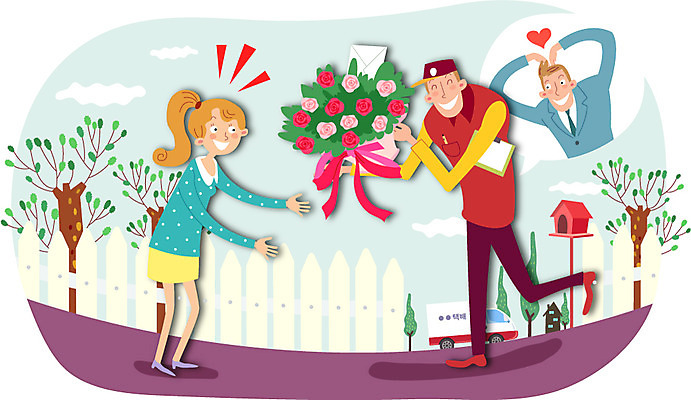 전신 나무 식물 직업 여자 남자 꽃 리본 꽃다발 이동 유니폼 일러스트 자동차 선물 서기 웃음 들기 사람 손짓 여러명 성인 트럭 우체통 운송업 하트 배달원 서비스업 편지 배송 서비스 택배 만족 꽃배달 성인만 국내일러스트 AI파일 카드프레임 모양 옷 감정 산업 육상교통 다수 컨셉 모션 프레임 표정 파일형식 벡터