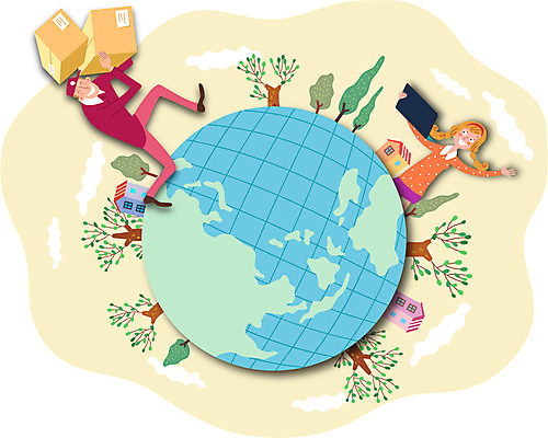 전신 나무 식물 직업 건축물 여자 남자 지구 이동 유니폼 일러스트 주택 서기 들기 사람 성인 두명 건물 상자 글로벌 운송업 배달원 서비스업 배송 서비스 택배 속도 만족 퀵 성인만 국내일러스트 AI파일 옷 건축 감정 산업 컨셉 모션 퀵서비스 파일형식 벡터