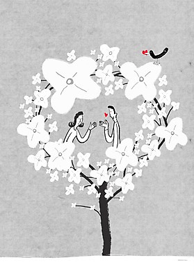 PSD 나무 식물 동물 라이프스타일 커플 여자 남자 꽃 컬러 백그라운드 라인일러스트 일러스트 조류 꽃나무 사람 상반신 두명 회색 하트 국내일러스트 모양 관계 생활 파일형식