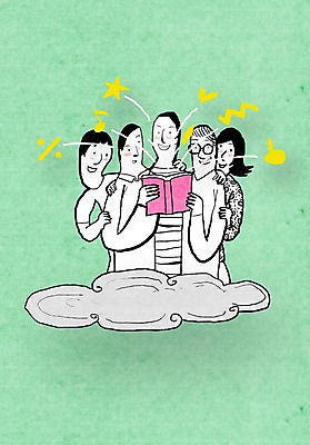 PSD 구름 라이프스타일 기호 여자 남자 별 컬러 백그라운드 음표 라인일러스트 일러스트 들기 사람 여러명 상반신 책 초록색 하트 나누기 국내일러스트 자연요소 모양 문자 음악 다수 모션 생활 파일형식