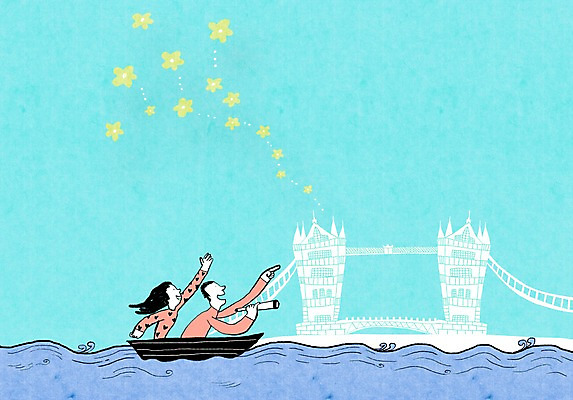 PSD 식물 라이프스타일 건축물 커플 여자 남자 꽃 바다 컬러 하늘색 백그라운드 라인일러스트 일러스트 사람 상반신 두명 건물 파란색 망원경 나룻배 가교 선박 국내일러스트 건축 수상교통 배_교통 관계 생활 파일형식