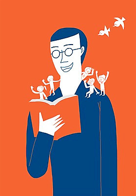 전신 PSD 동물 라이프스타일 여자 교육 남자 어린이 컬러 백그라운드 라인일러스트 일러스트 조류 서기 들기 사람 앉기 소녀 소년 여러명 상반신 책 파란색 독서 주황색 읽기 어린이만 국내일러스트 다수 모션 생활 파일형식