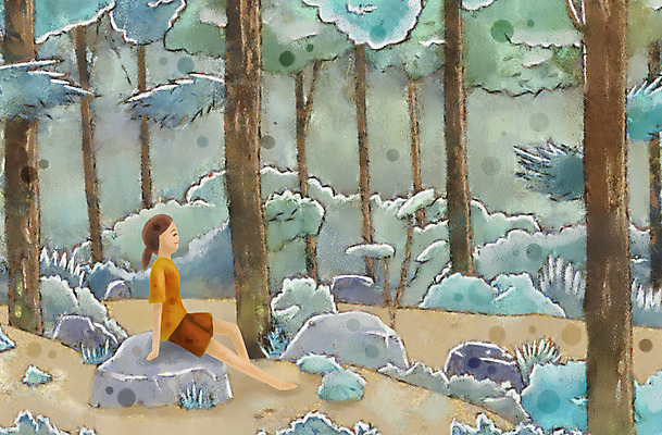 전신 PSD 나무 식물 계절 여자 여유 백그라운드 일러스트 휴가 휴식 산 한명 사람 앉기 성인 여름 여름휴가 바캉스 산책 자유 돌_바위 바위 풀 숲 여자만 여자한명만 성인여자만 성인만 국내일러스트 1 감정 컨셉 모션 파일형식 여름_계절