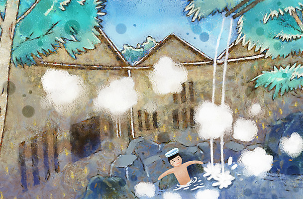 PSD 나무 남자 여유 백그라운드 일러스트 휴가 휴식 한명 사람 상반신 성인 건물 여름휴가 바캉스 수건 온천 목욕 자유 돌_바위 바위 온천수 남자만 남자한명만 성인남자만 성인만 국내일러스트 식물 1 건축물 감정 컨셉 위생용품 스파 청결 파일형식 여름_계절