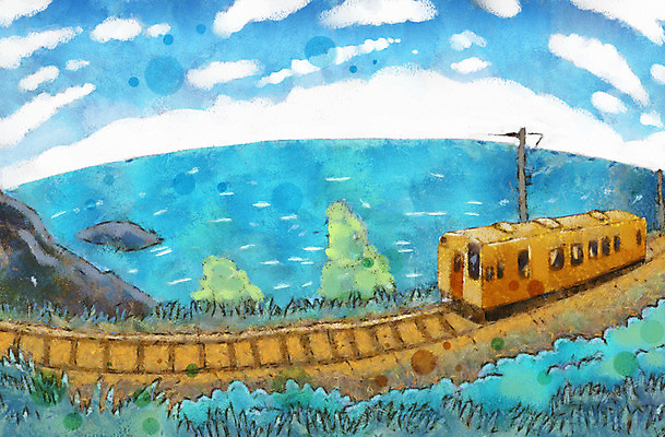 PSD 나무 식물 구름 여유 바다 여행 백그라운드 일러스트 하늘 휴가 휴식 해변 사람없음 여름휴가 바캉스 기찻길 기차 자유 돌_바위 바위 철도의날 국내일러스트 자연요소 감정 육상교통 컨셉 대중교통 파일형식 법정기념일 여름_계절