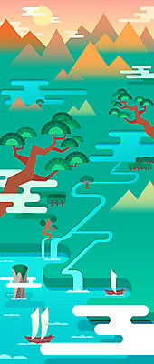 나무 식물 구름 한국전통 전통 바다 백그라운드 일러스트 산 사람없음 태양 노을 계곡 돌_바위 바위 소나무 플랫 선박 국내일러스트 AI파일 자연요소 수상교통 한국 파일형식 벡터