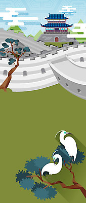 나무 식물 동물 구름 한국전통 전통 백그라운드 고건축 두마리 일러스트 조류 산 사람없음 건물 소나무 성 플랫 왜가리 국내일러스트 AI파일 자연요소 건축물 2 한국 파일형식 벡터